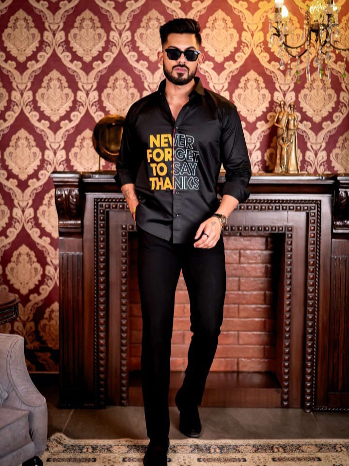 Streak Hawk Say Thanks Black Club Wear Printed Satin Cotton Shirt
